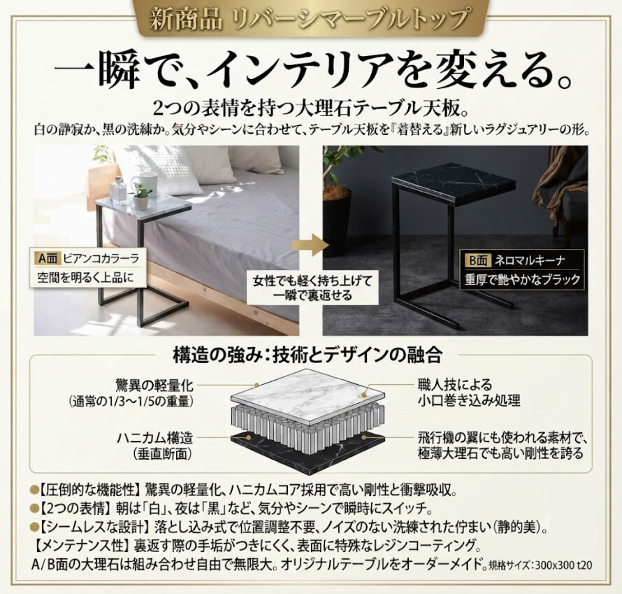 リバーシマーブルトップ　両面使いの天板